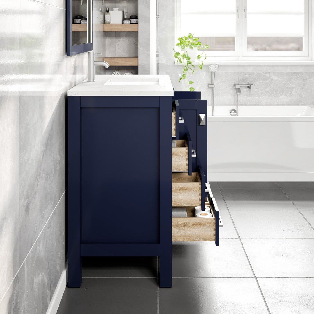 Hampton 36" x 18" Blue Single Sink Bath Vanity with Carrara Quartz Top and Undermount Porcelain Sink - Bathroom Vanity by Eviva