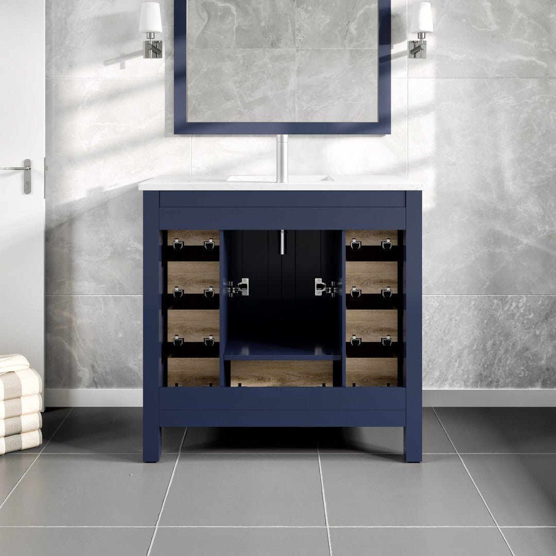 Hampton 36" x 18" Blue Single Sink Bath Vanity with Carrara Quartz Top and Undermount Porcelain Sink - Bathroom Vanity by Eviva