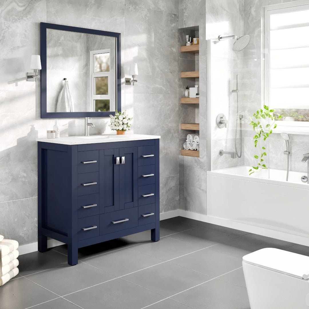 Hampton 36" x 18" Blue Single Sink Bath Vanity with Carrara Quartz Top and Undermount Porcelain Sink - Bathroom Vanity by Eviva