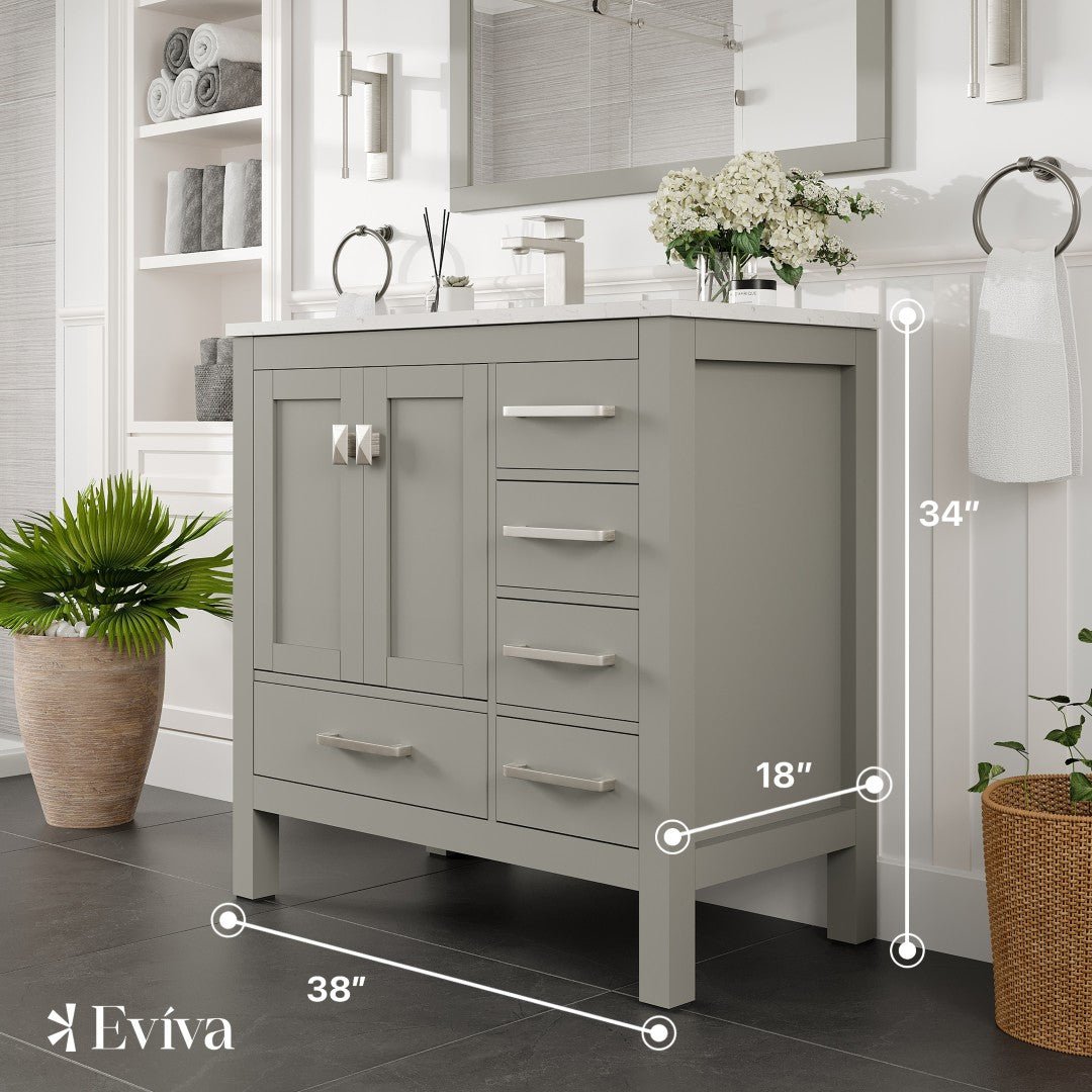 London 38 in. Gray Single Sink Bath Vanity with Carrara Quartz Top and Undermount Porcelain Sink - Bathroom Vanity by Eviva