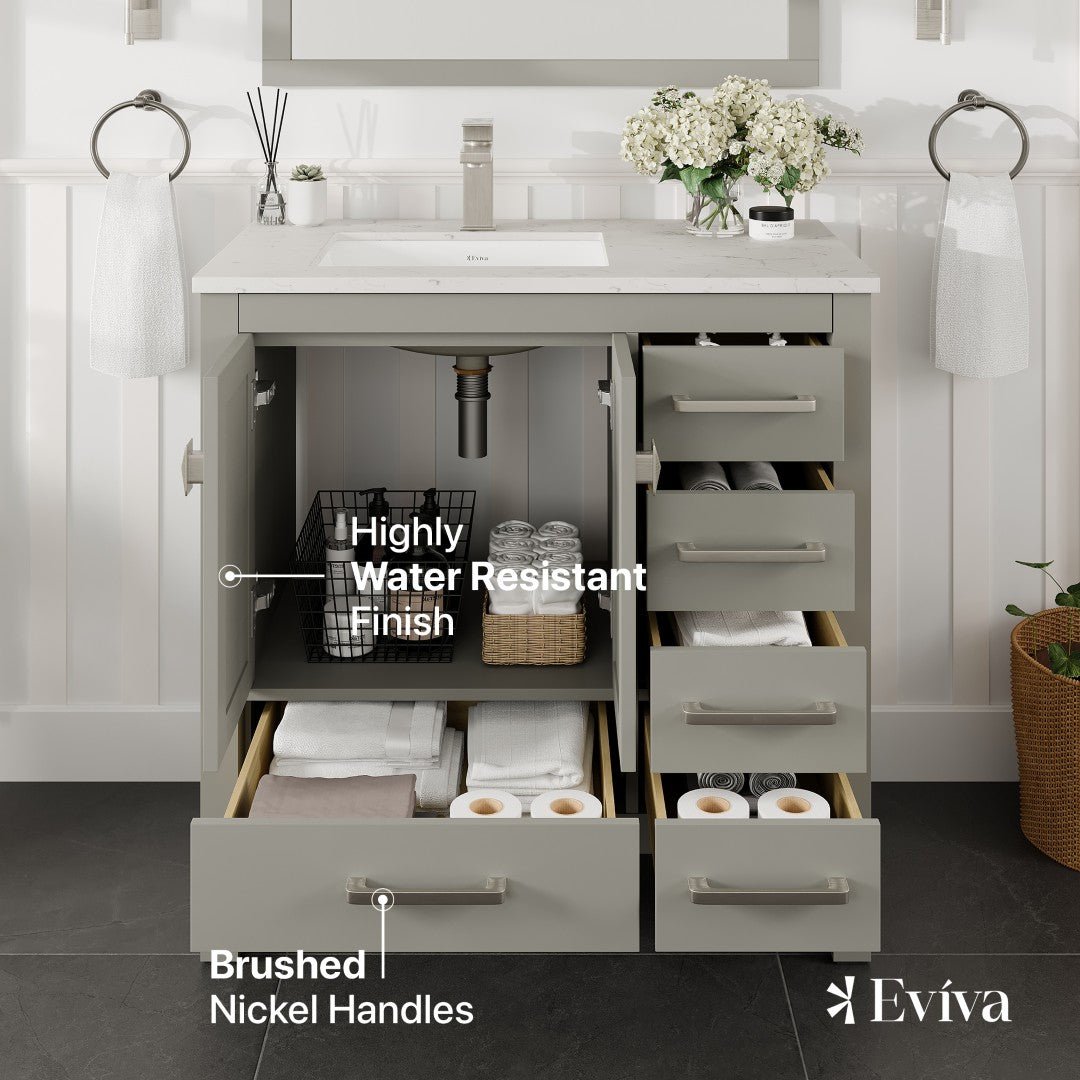 London 38 in. Gray Single Sink Bath Vanity with Carrara Quartz Top and Undermount Porcelain Sink - Bathroom Vanity by Eviva
