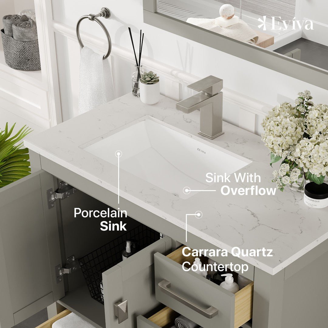London 38 in. Gray Single Sink Bath Vanity with Carrara Quartz Top and Undermount Porcelain Sink - Bathroom Vanity by Eviva