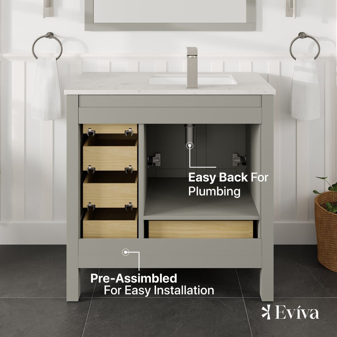 London 38 in. Gray Single Sink Bath Vanity with Carrara Quartz Top and Undermount Porcelain Sink - Bathroom Vanity by Eviva