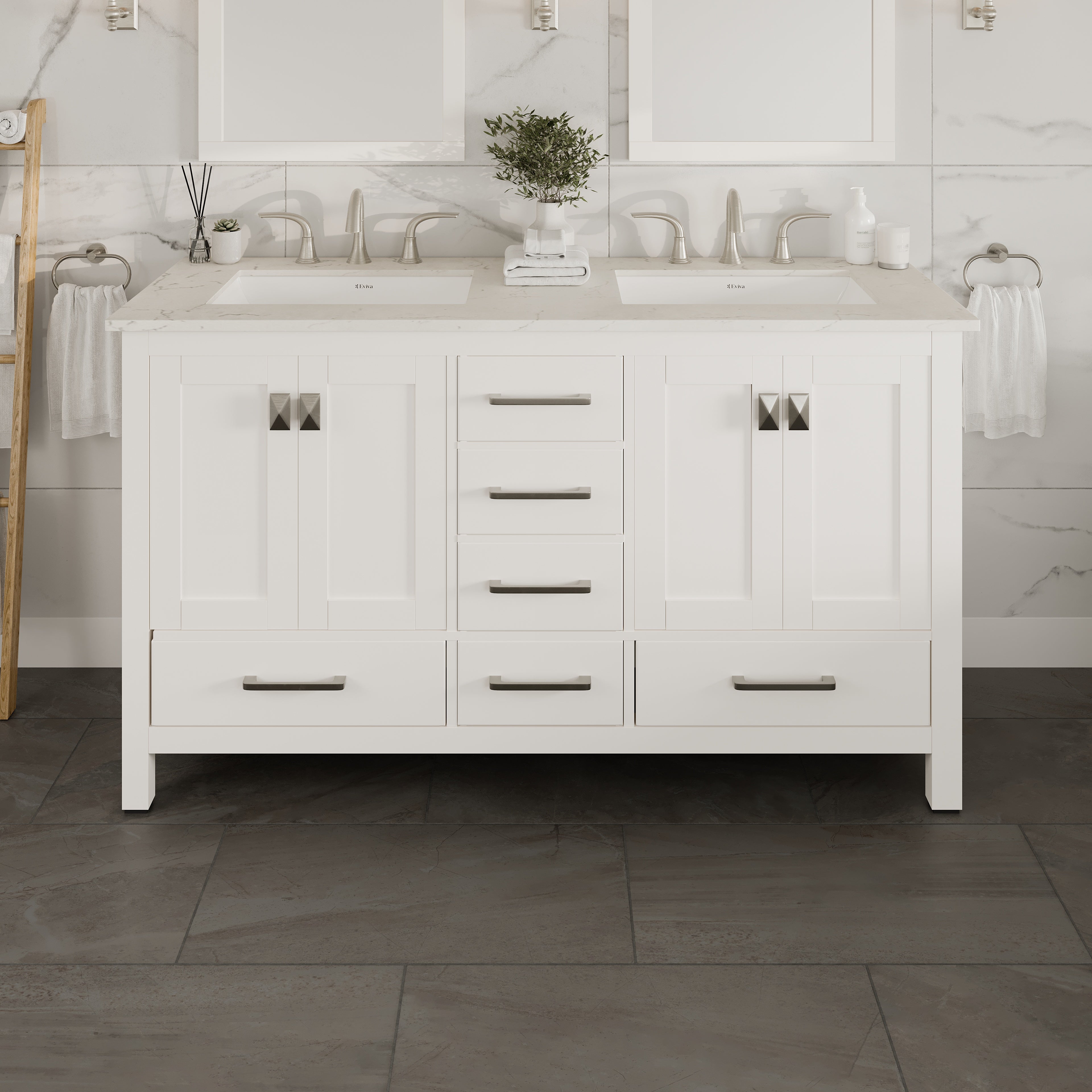 A white double sink bathroom vanity with a Carrara quartz top, featuring undermount porcelain sinks and gold hardware.