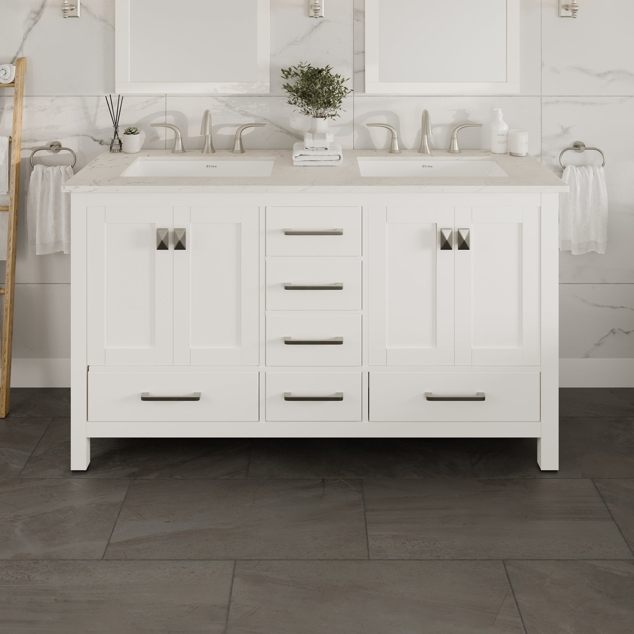 Aberdeen 60 in. White Double Sink Bath Vanity with Carrara Quartz Top and Undermount Porcelain Sinks - Bathroom Vanity by Eviva