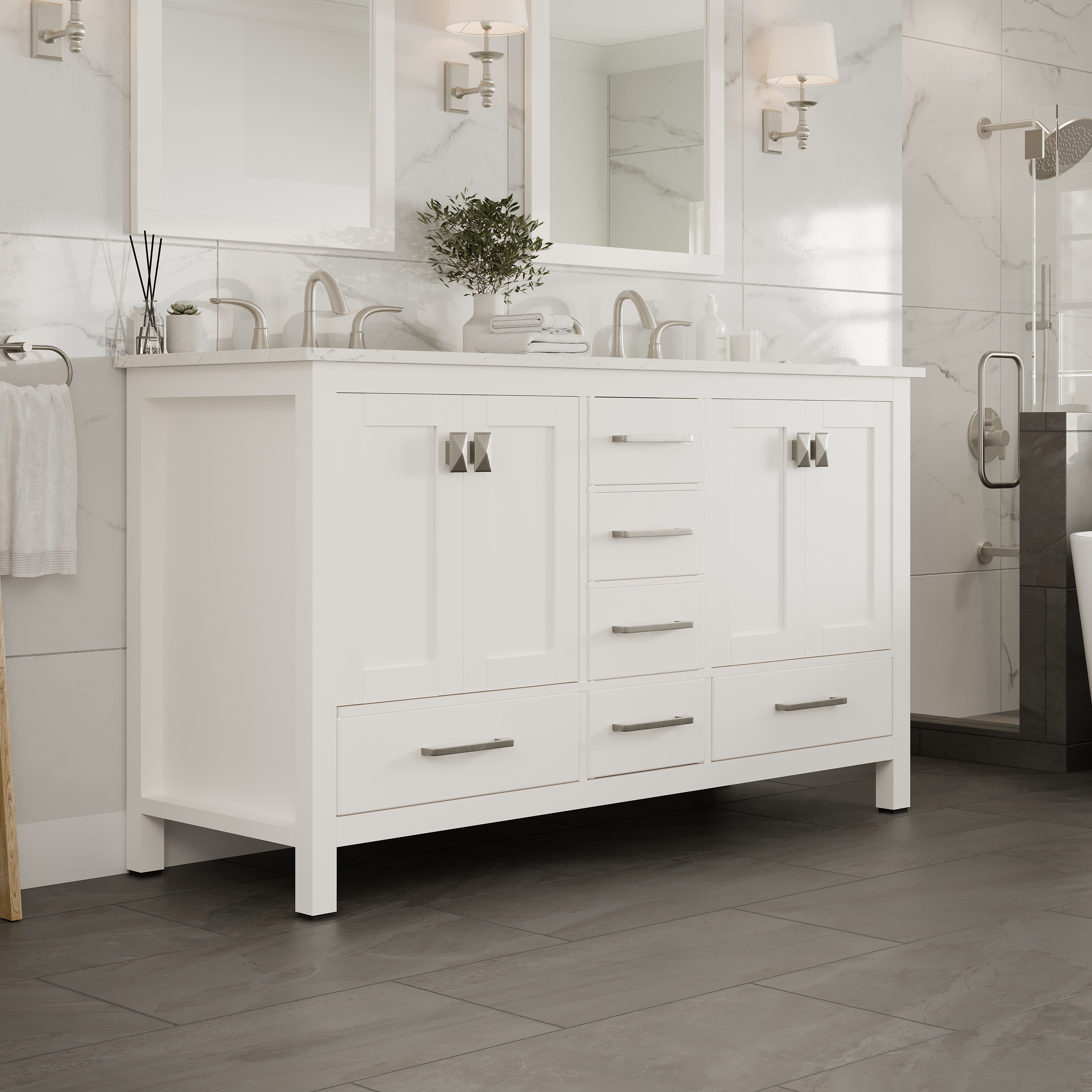 Aberdeen 60 in. White Double Sink Bath Vanity with Carrara Quartz Top and Undermount Porcelain Sinks