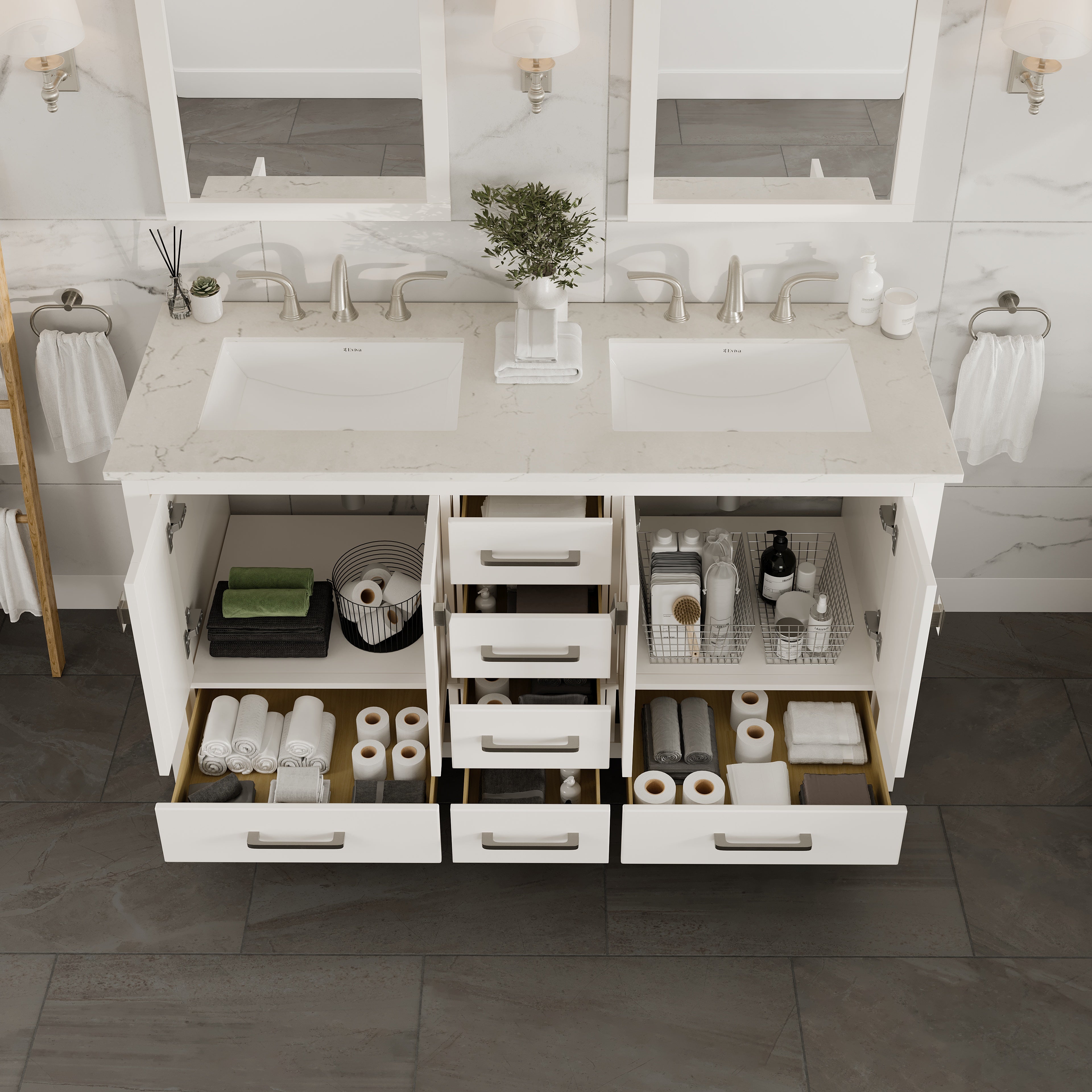 Aberdeen 60 in. White Double Sink Bath Vanity with Carrara Quartz Top and Undermount Porcelain Sinks
