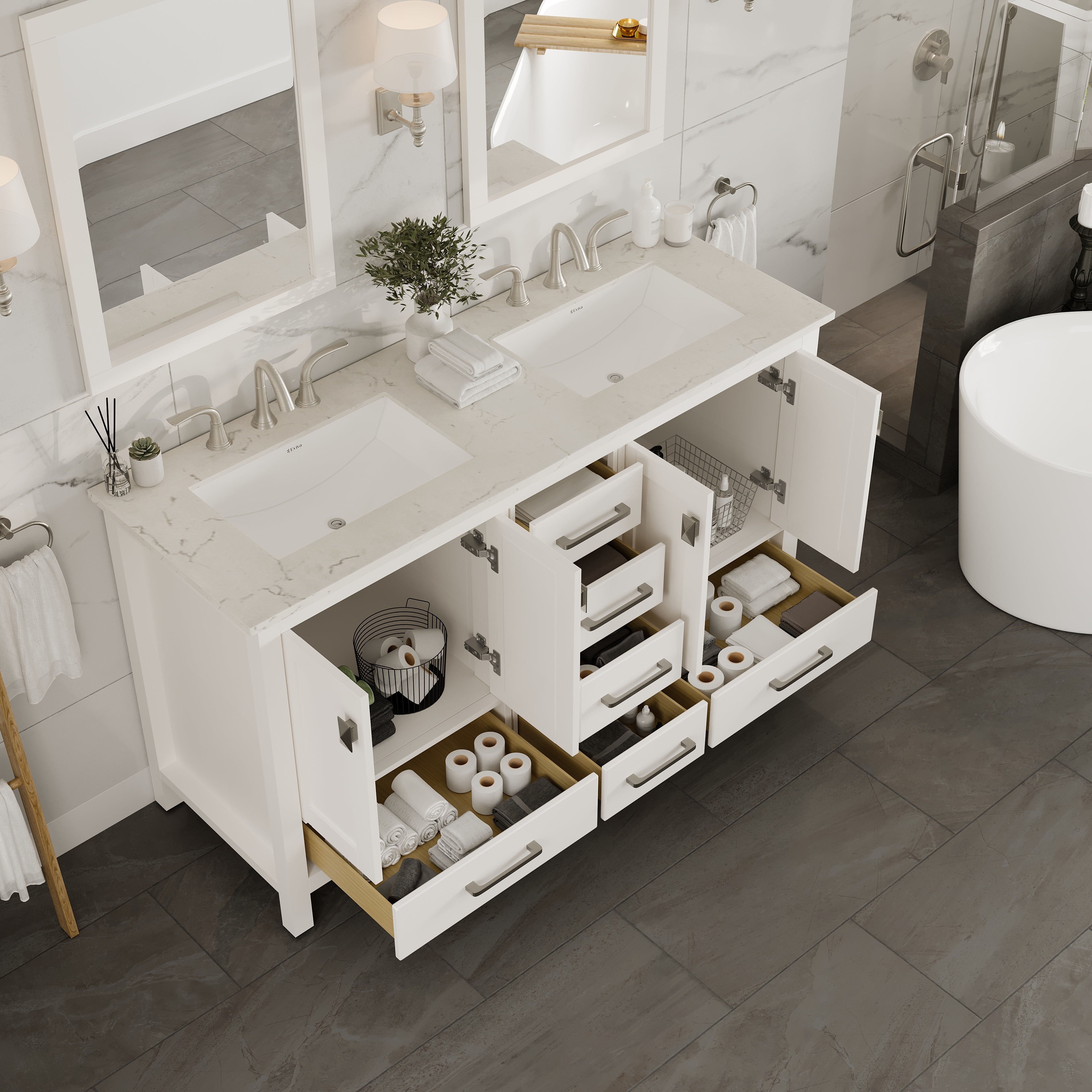 Aberdeen 60 in. White Double Sink Bath Vanity with Carrara Quartz Top and Undermount Porcelain Sinks