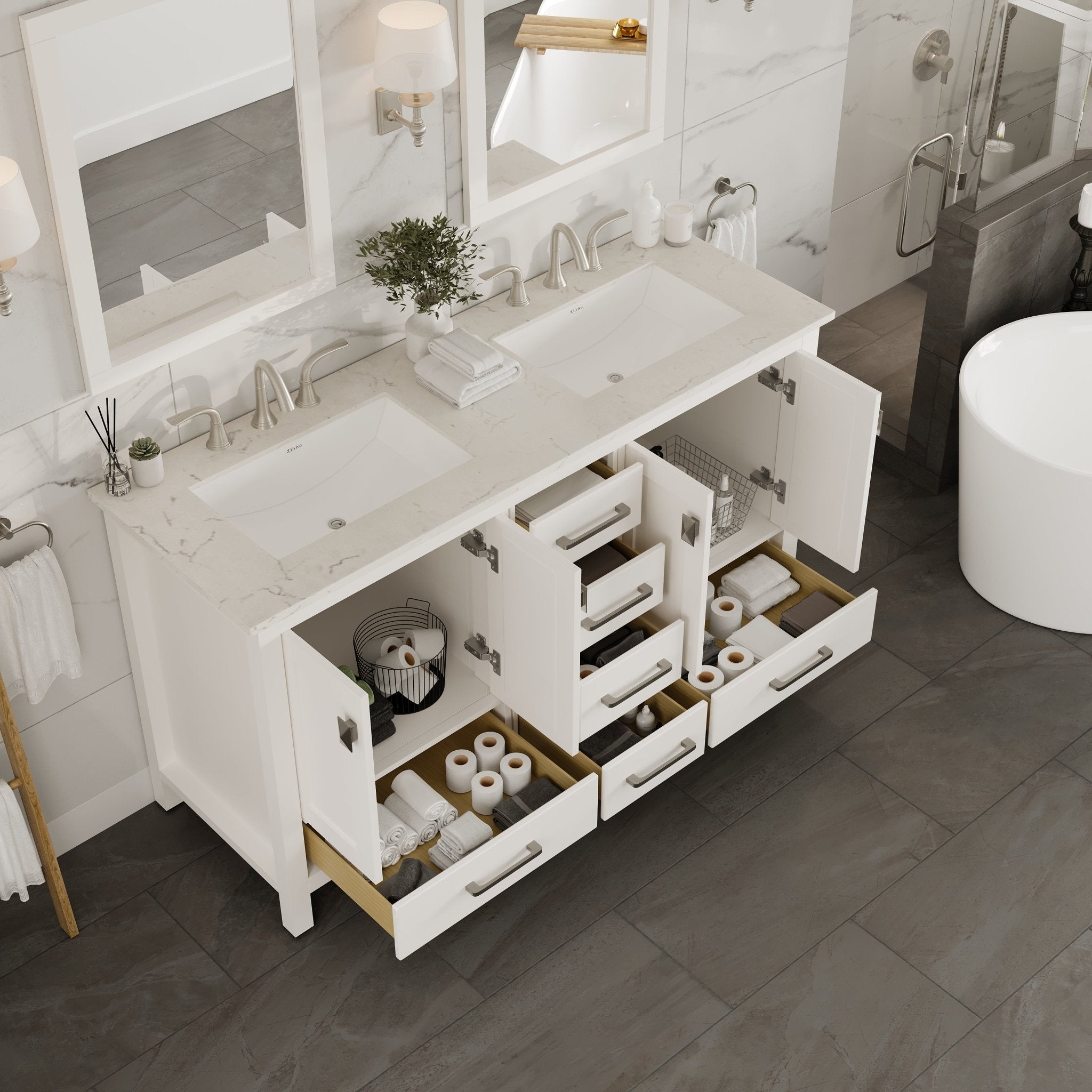 Aberdeen 60 in. White Double Sink Bath Vanity with Carrara Quartz Top and Undermount Porcelain Sinks - Bathroom Vanity by Eviva
