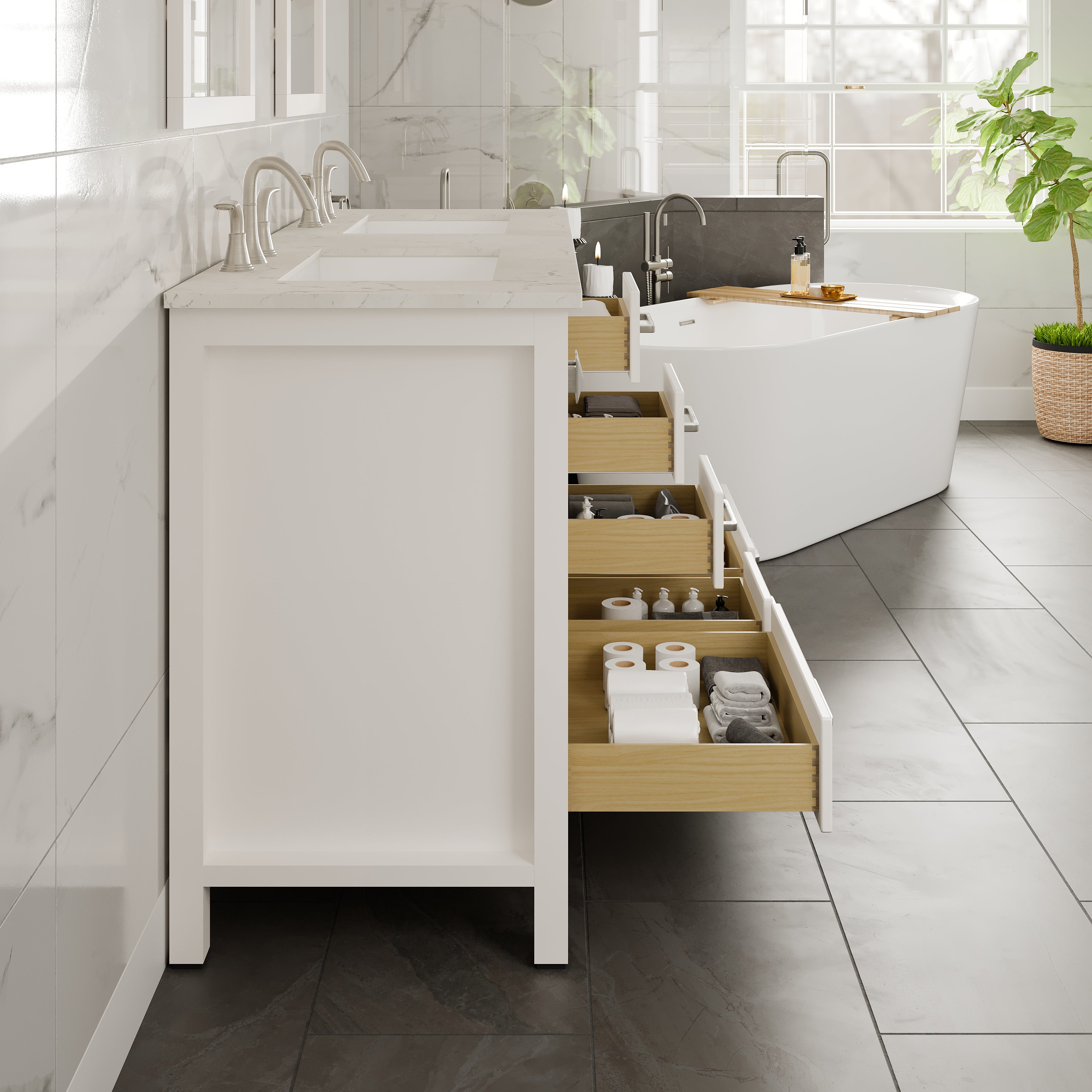 Aberdeen 60 in. White Double Sink Bath Vanity with Carrara Quartz Top and Undermount Porcelain Sinks