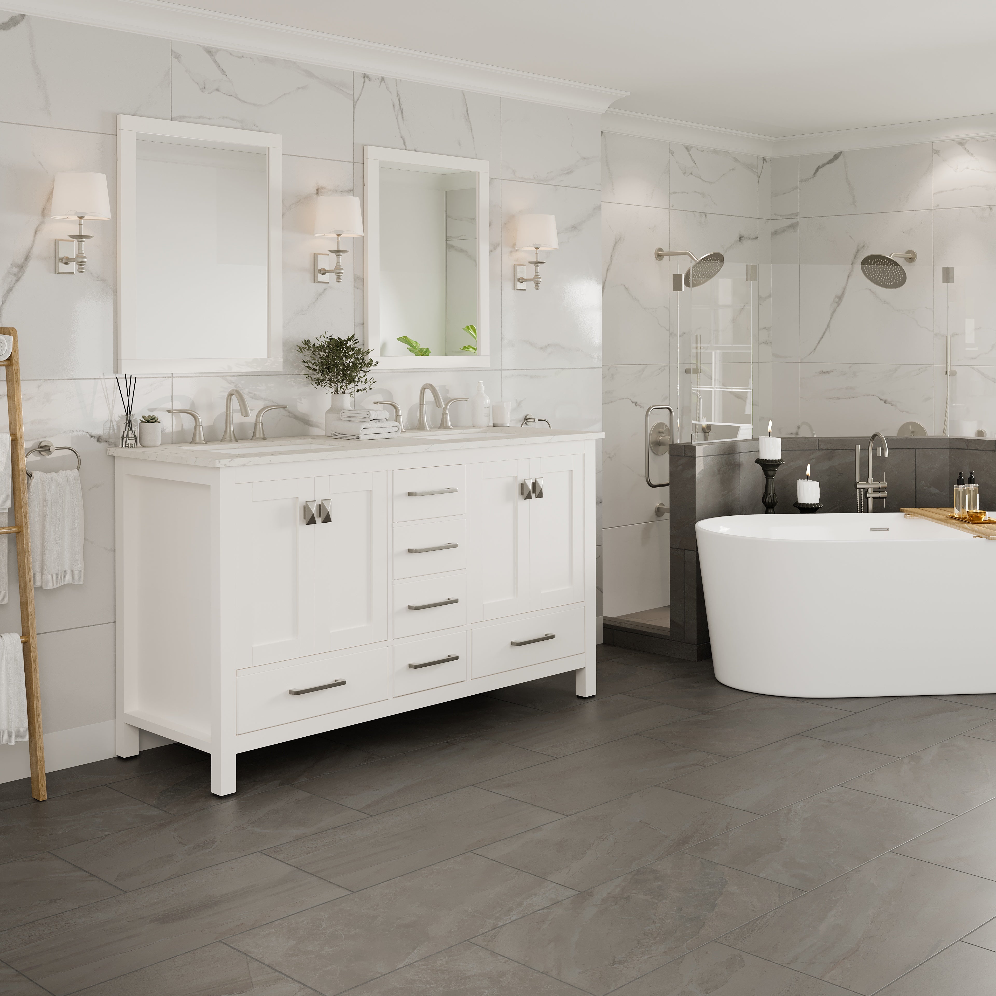 Aberdeen 60 in. White Double Sink Bath Vanity with Carrara Quartz Top and Undermount Porcelain Sinks