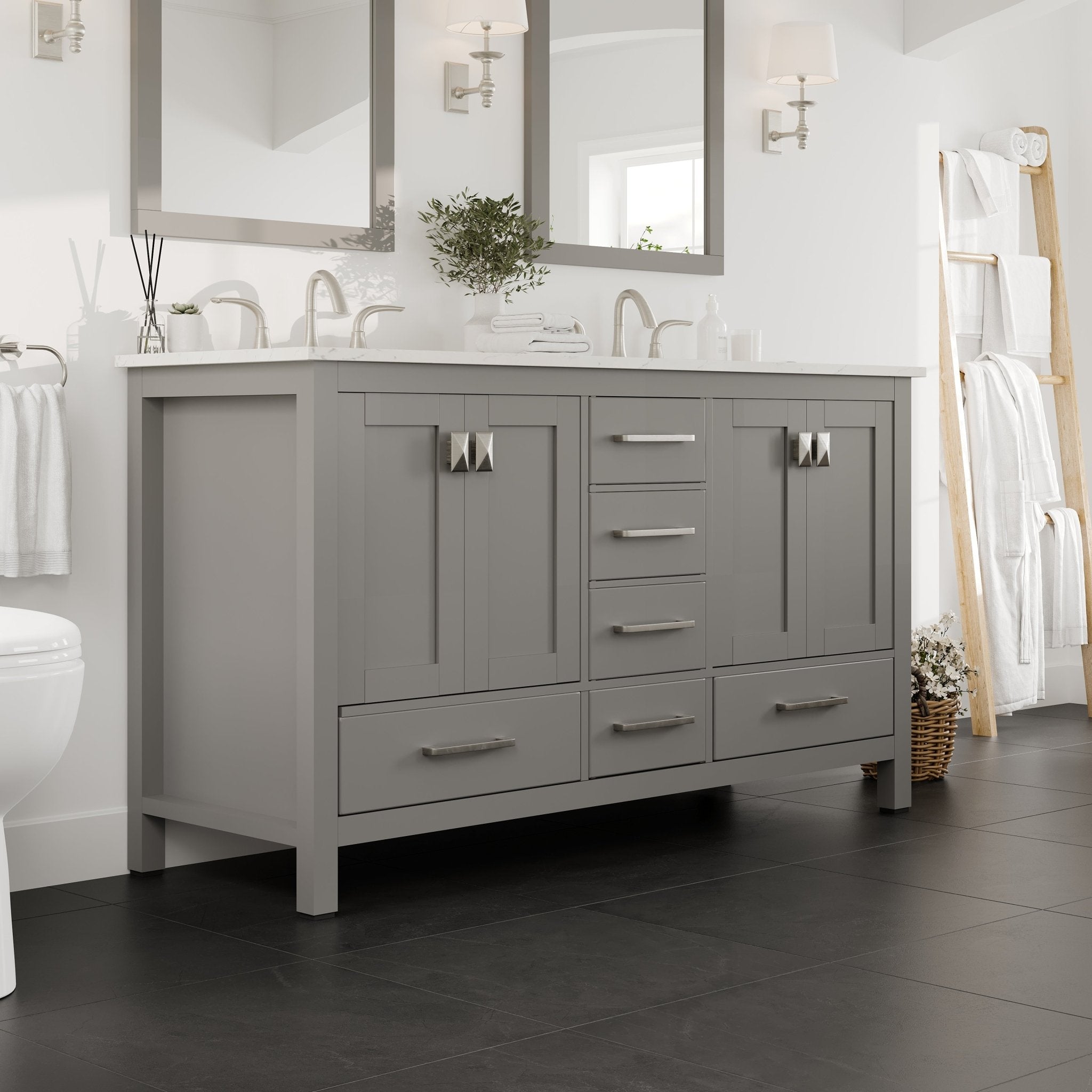 Aberdeen 60 in. Gray Double Sink Bath Vanity with Carrara Quartz Top and Undermount Porcelain Sinks - Bathroom Vanity by Eviva