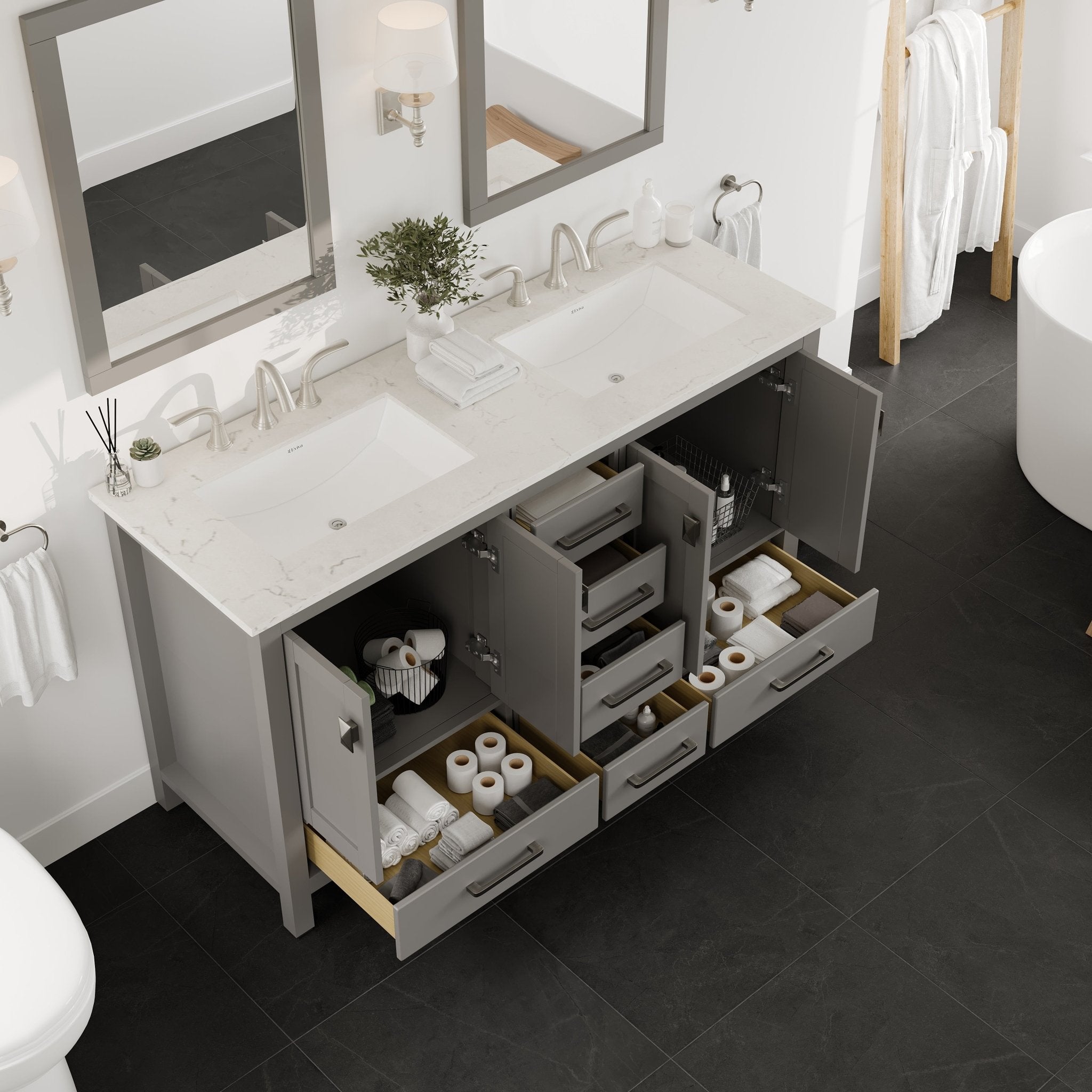 Aberdeen 60 in. Gray Double Sink Bath Vanity with Carrara Quartz Top and Undermount Porcelain Sinks - Bathroom Vanity by Eviva
