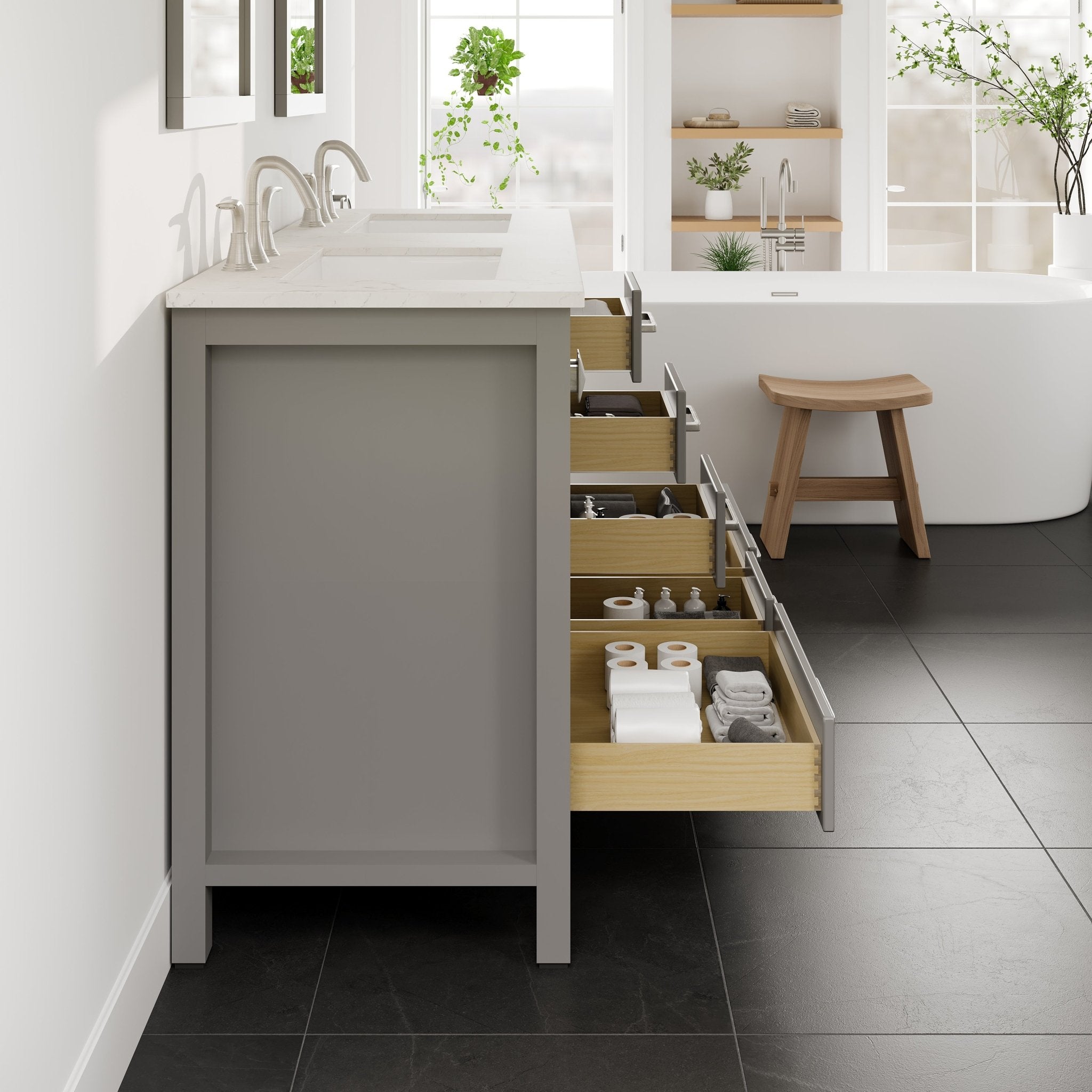 Aberdeen 60 in. Gray Double Sink Bath Vanity with Carrara Quartz Top and Undermount Porcelain Sinks - Bathroom Vanity by Eviva