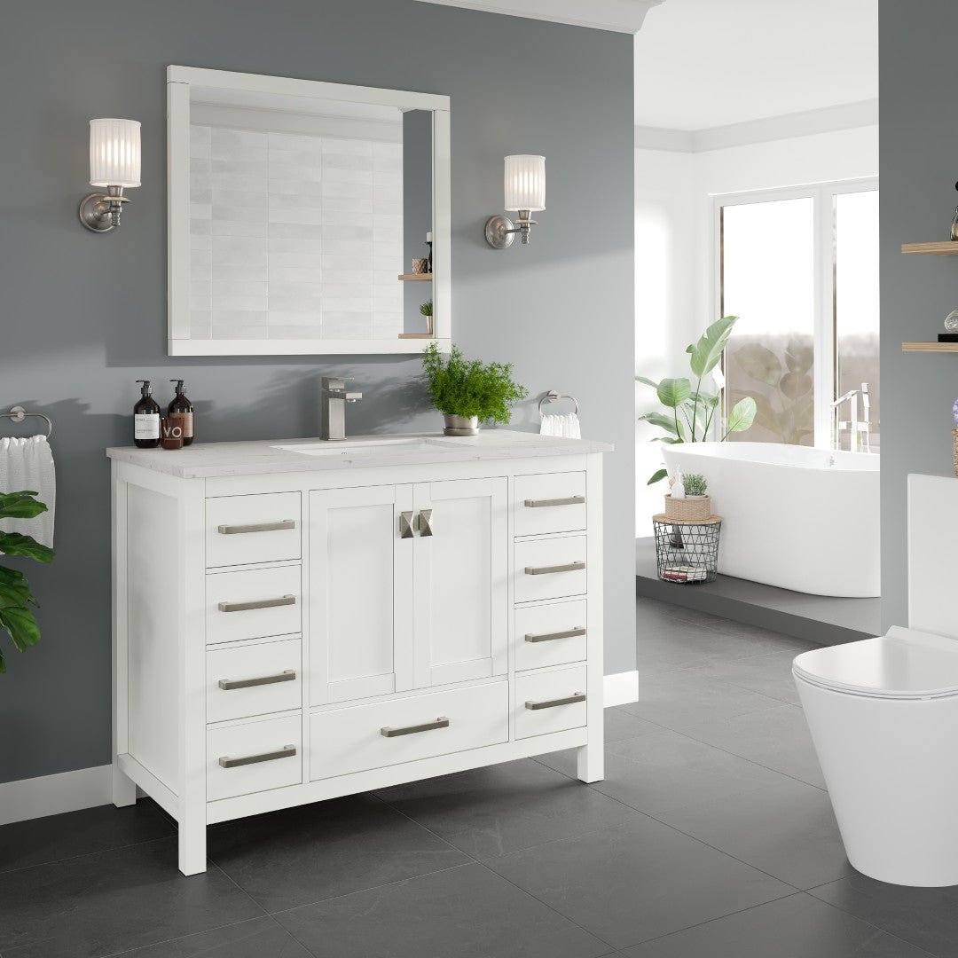 London 42 in. White Single Sink Bath Vanity with Carrara Quartz Top and Undermount Porcelain Sink - Bathroom Vanity by Eviva