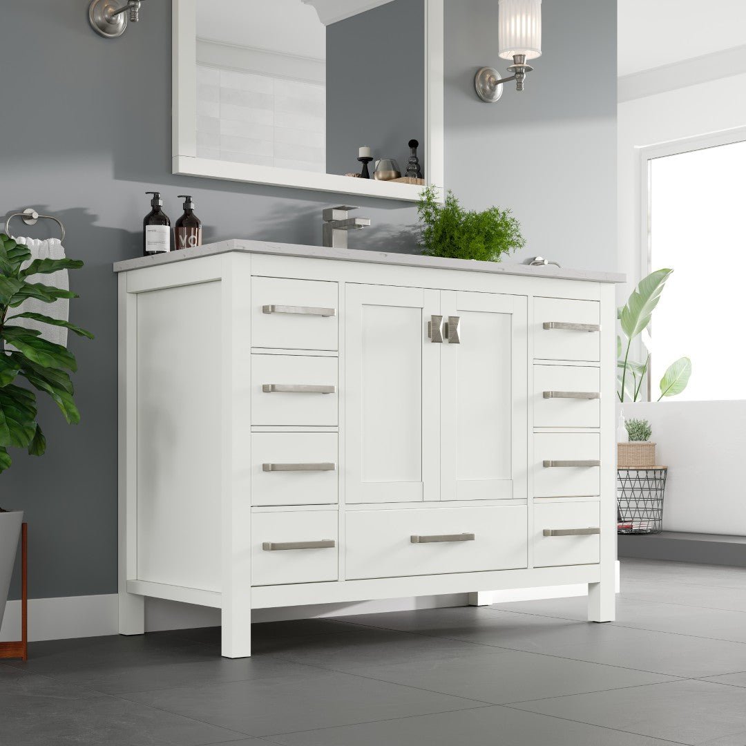 London 42 in. White Single Sink Bath Vanity with Carrara Quartz Top and Undermount Porcelain Sink - Bathroom Vanity by Eviva