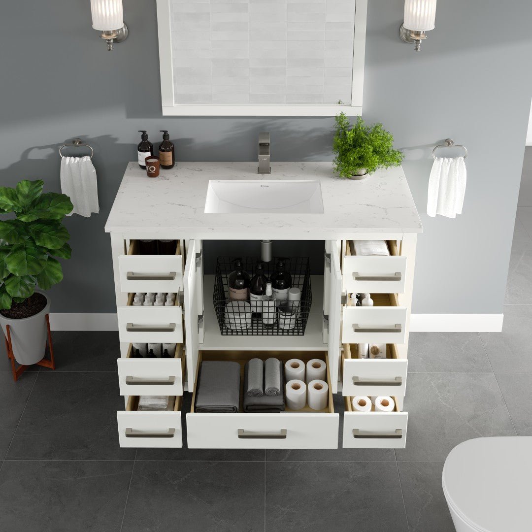 London 42 in. White Single Sink Bath Vanity with Carrara Quartz Top and Undermount Porcelain Sink - Bathroom Vanity by Eviva