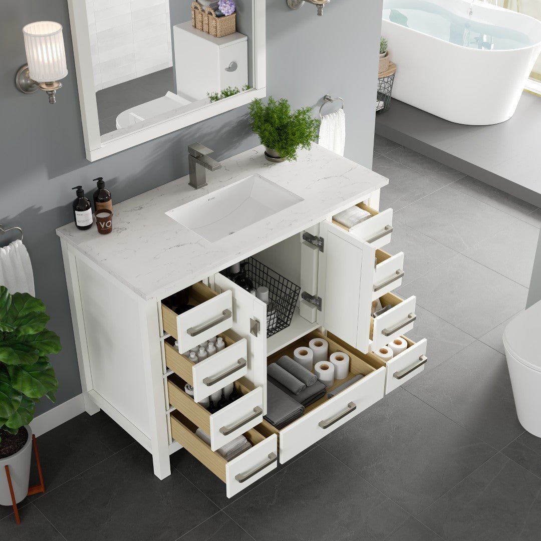 London 42 in. White Single Sink Bath Vanity with Carrara Quartz Top and Undermount Porcelain Sink - Bathroom Vanity by Eviva