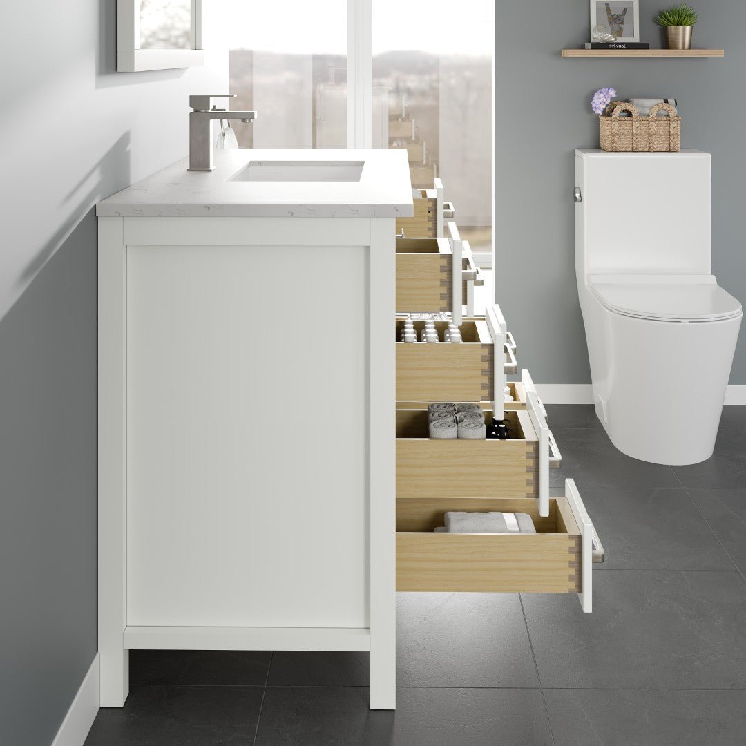 London 42 in. White Single Sink Bath Vanity with Carrara Quartz Top and Undermount Porcelain Sink - Bathroom Vanity by Eviva