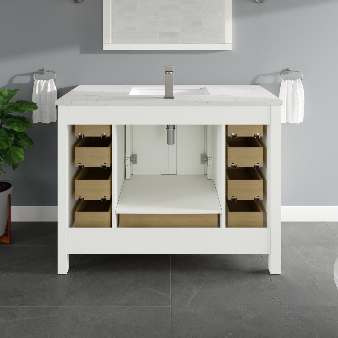 London 42 in. White Single Sink Bath Vanity with Carrara Quartz Top and Undermount Porcelain Sink - Bathroom Vanity by Eviva