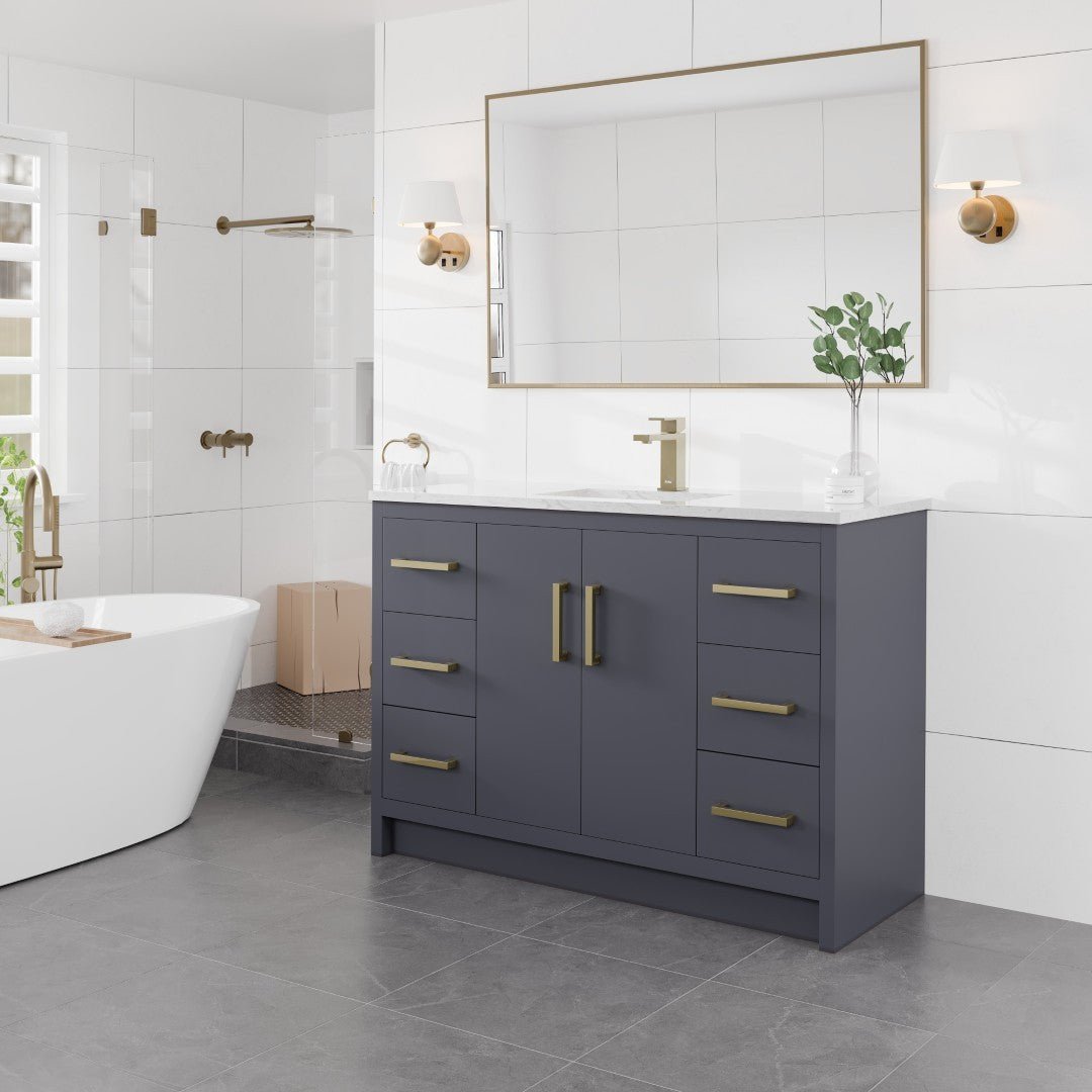 Curio 48 in. Dark Blue Single Sink Bath Vanity with Carrara Quartz Top and Undermount Porcelain Sink - Bathroom Vanity by Eviva