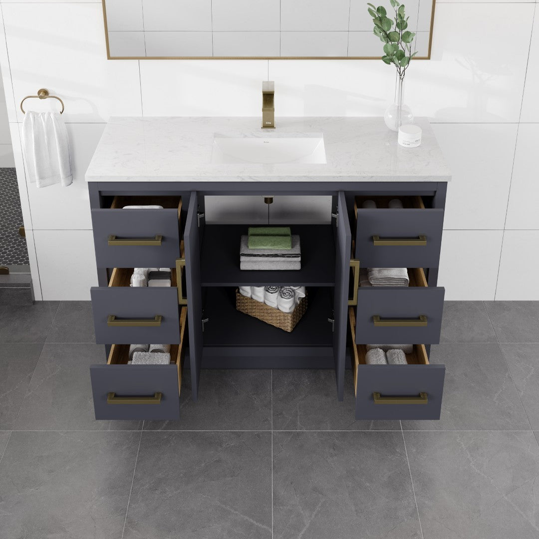 Curio 48 in. Dark Blue Single Sink Bath Vanity with Carrara Quartz Top and Undermount Porcelain Sink