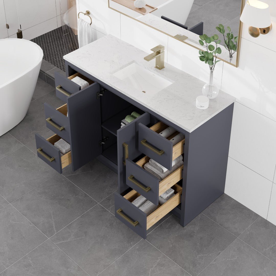 Curio 48 in. Dark Blue Single Sink Bath Vanity with Carrara Quartz Top and Undermount Porcelain Sink - Bathroom Vanity by Eviva