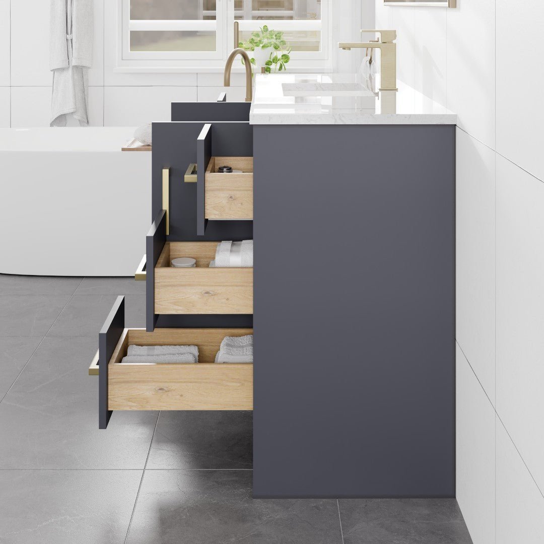 Curio 48 in. Dark Blue Single Sink Bath Vanity with Carrara Quartz Top and Undermount Porcelain Sink - Bathroom Vanity by Eviva