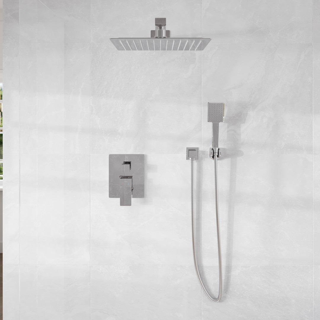 A wall-mounted shower system with a chrome finish, including a square overhead shower head, a slide bar hand-shower, and a thermostatic valve, all mounted on a white tiled wall.