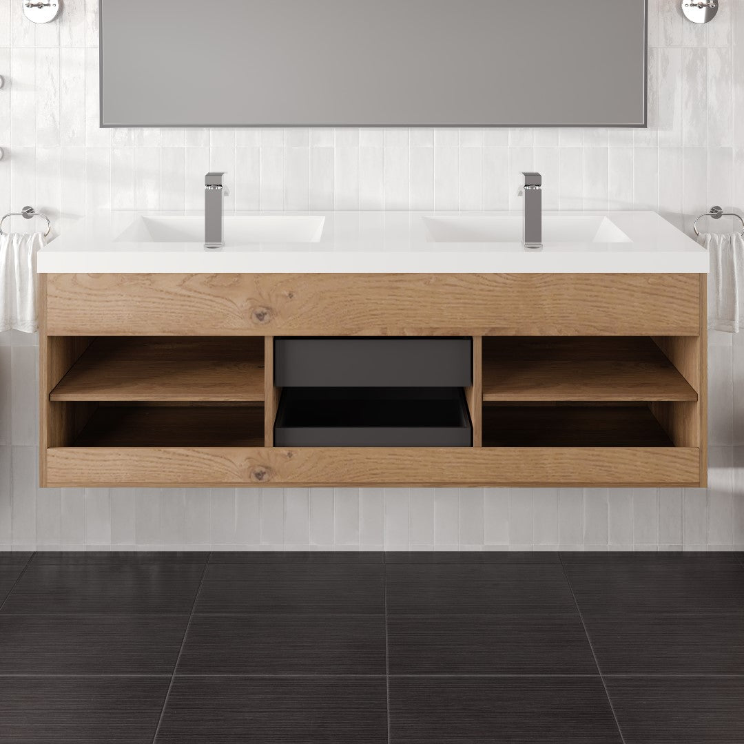 Lugano 60 in. Natural Oak Wall Mount Double Sink Bath Vanity with Acrylic Top and Integrated Sinks