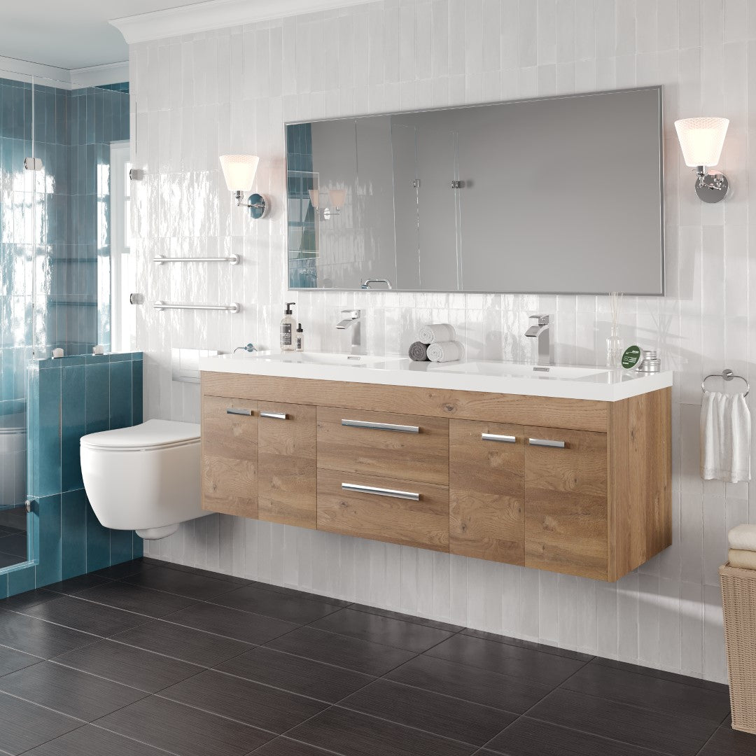 Lugano 60 in. Natural Oak Wall Mount Double Sink Bath Vanity with Acrylic Top and Integrated Sinks