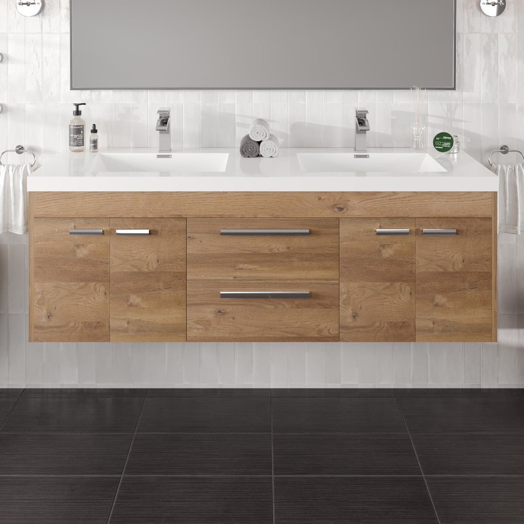 Lugano 60 in. Natural Oak Wall Mount Double Sink Bath Vanity with Acrylic Top and Integrated Sinks