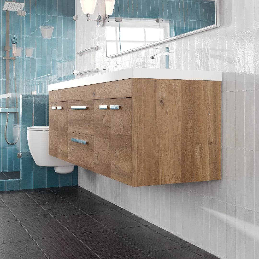Lugano 60 in. Natural Oak Wall Mount Double Sink Bath Vanity with Acrylic Top and Integrated Sinks