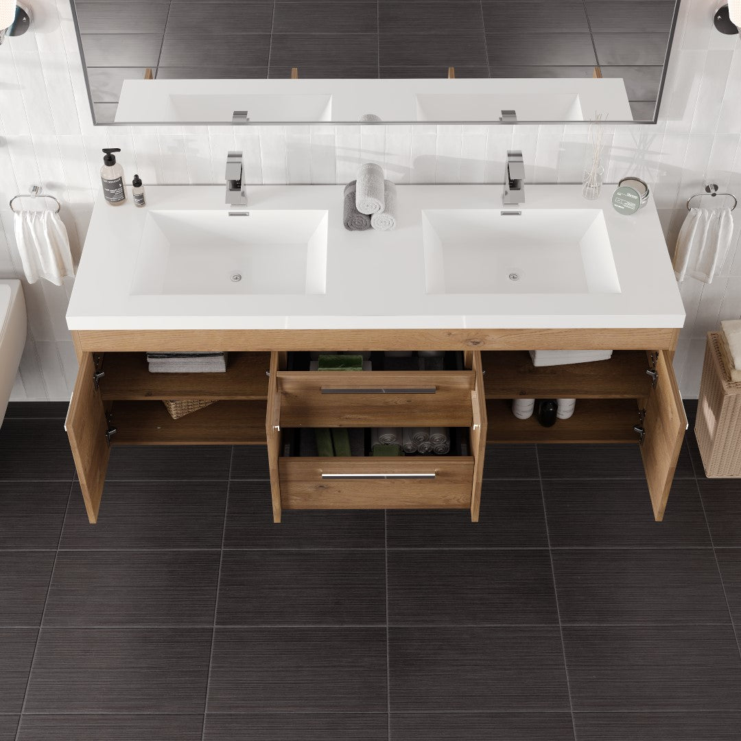 Lugano 60 in. Natural Oak Wall Mount Double Sink Bath Vanity with Acrylic Top and Integrated Sinks