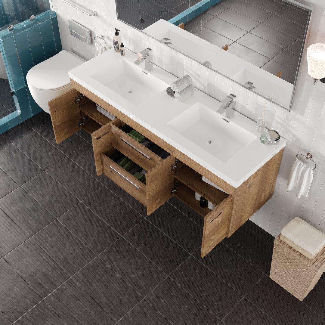 Lugano 60 in. Natural Oak Wall Mount Double Sink Bath Vanity with Acrylic Top and Integrated Sinks
