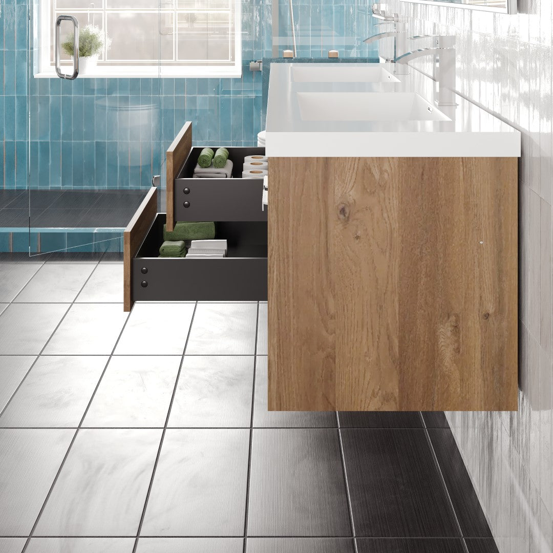 Lugano 60 in. Natural Oak Wall Mount Double Sink Bath Vanity with Acrylic Top and Integrated Sinks