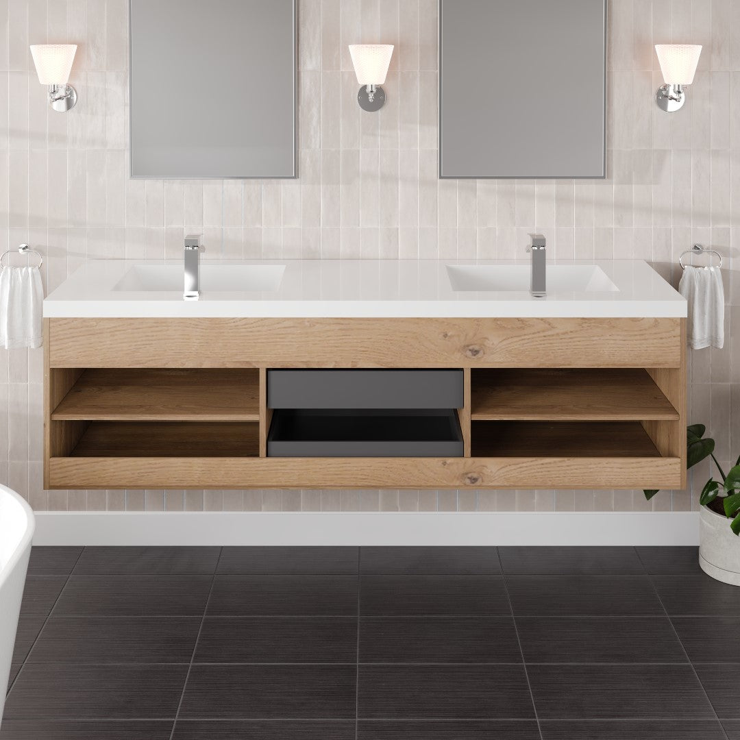 Lugano 72 in. Natural Oak Wall Mount Double Sink Bath Vanity with Acrylic Top and Integrated Sinks