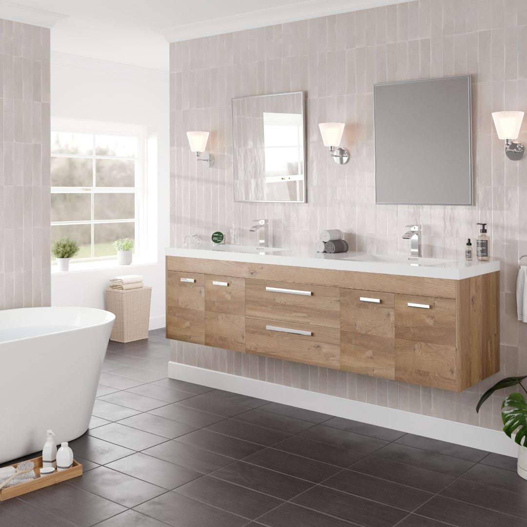 Lugano 72 in. Natural Oak Wall Mount Double Sink Bath Vanity with Acrylic Top and Integrated Sinks