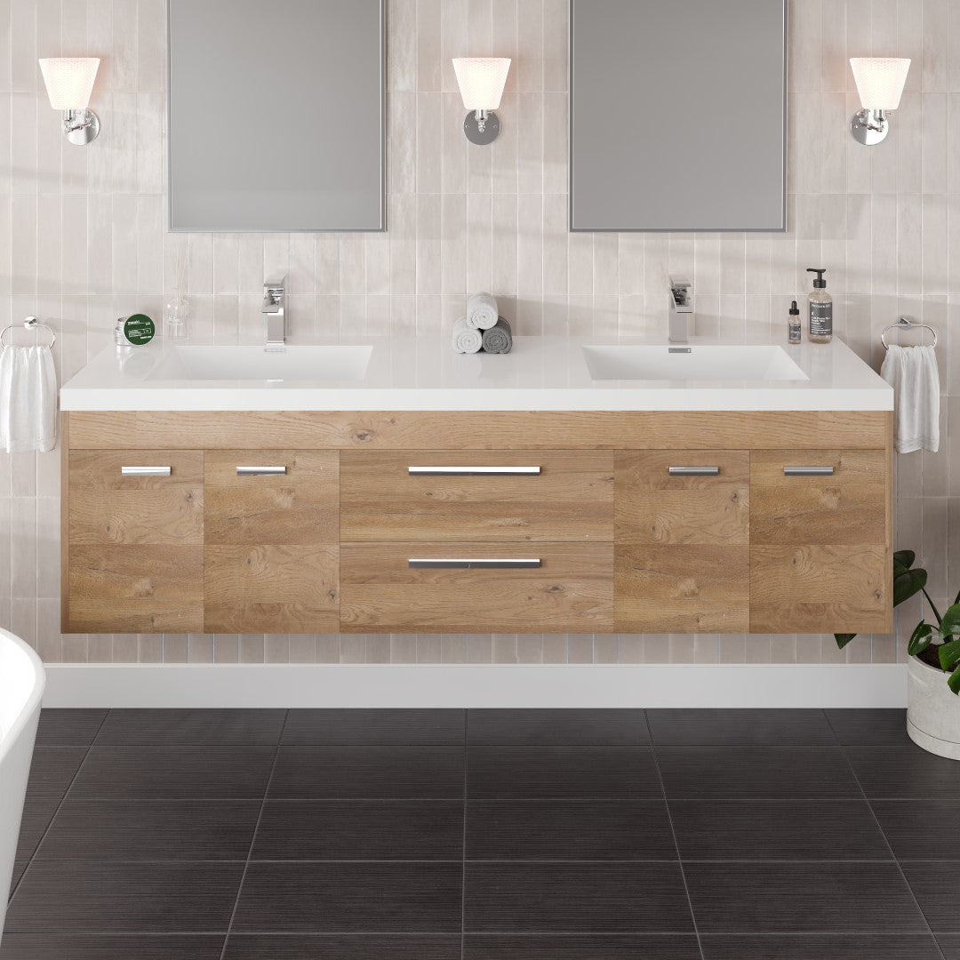 Lugano 72 in. Natural Oak Wall Mount Double Sink Bath Vanity with Acrylic Top and Integrated Sinks