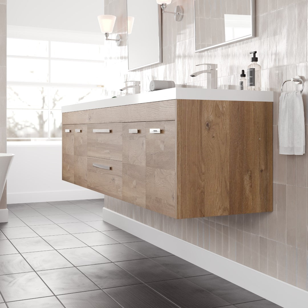 Lugano 72 in. Natural Oak Wall Mount Double Sink Bath Vanity with Acrylic Top and Integrated Sinks