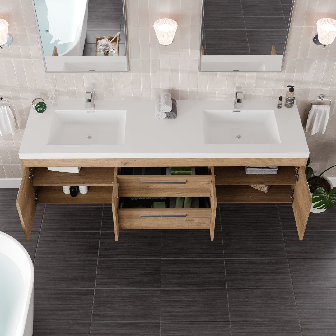 Lugano 72 in. Natural Oak Wall Mount Double Sink Bath Vanity with Acrylic Top and Integrated Sinks
