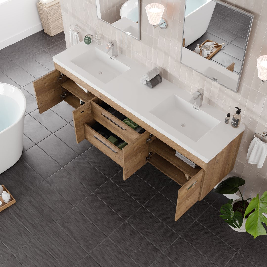 Lugano 72 in. Natural Oak Wall Mount Double Sink Bath Vanity with Acrylic Top and Integrated Sinks