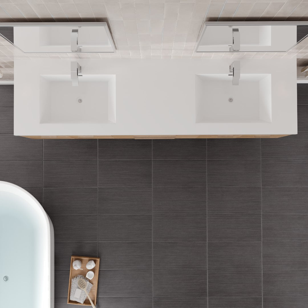 Lugano 72 in. Natural Oak Wall Mount Double Sink Bath Vanity with Acrylic Top and Integrated Sinks