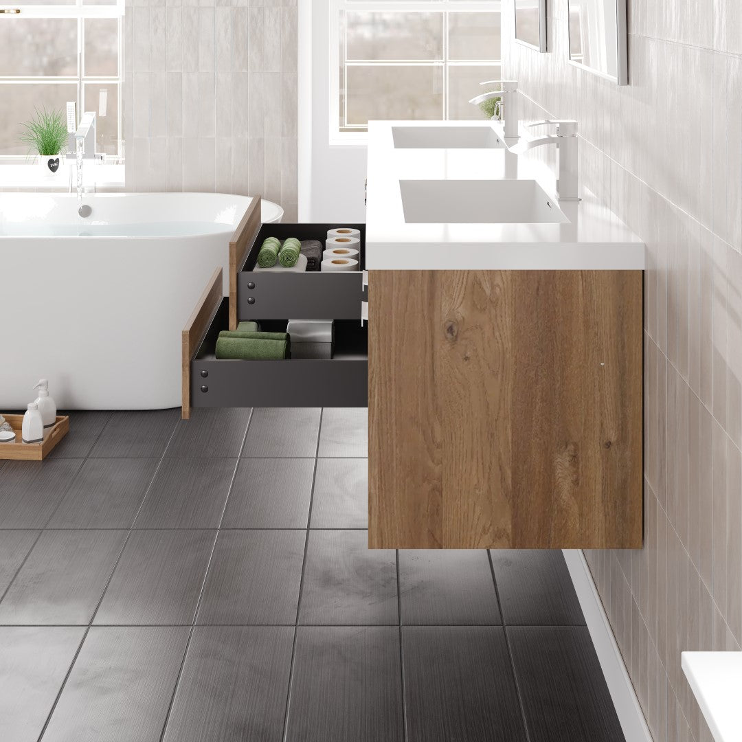 Lugano 72 in. Natural Oak Wall Mount Double Sink Bath Vanity with Acrylic Top and Integrated Sinks