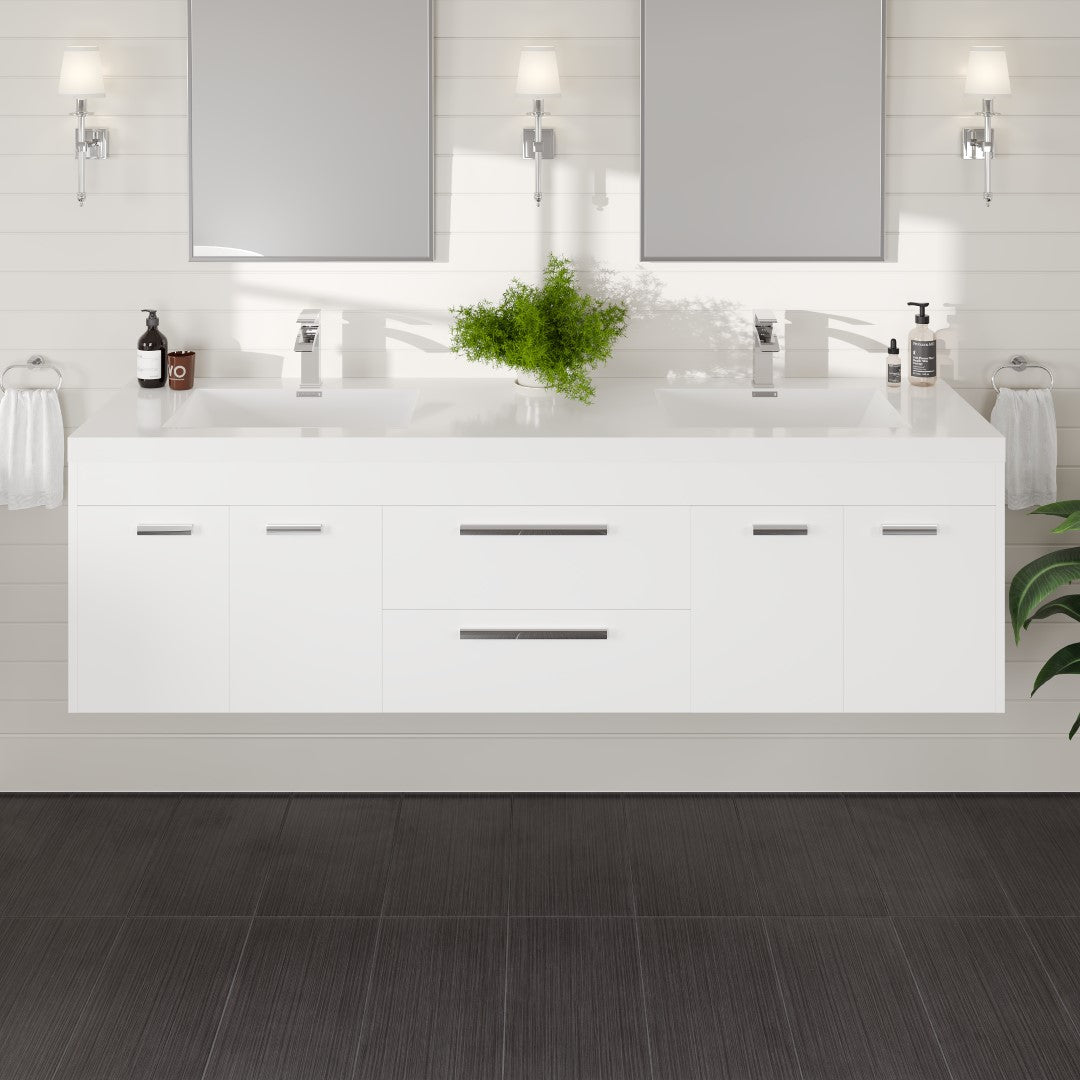 Modern white wall-mounted double sink bathroom vanity with acrylic top and integrated sinks, featuring a white finish and silver handles.