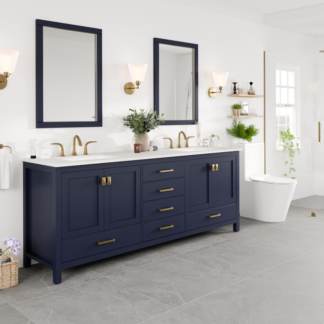 Aberdeen 84 in. Blue Double Sink Bath Vanity with Carrara Quartz Top and Undermount Porcelain Sinks