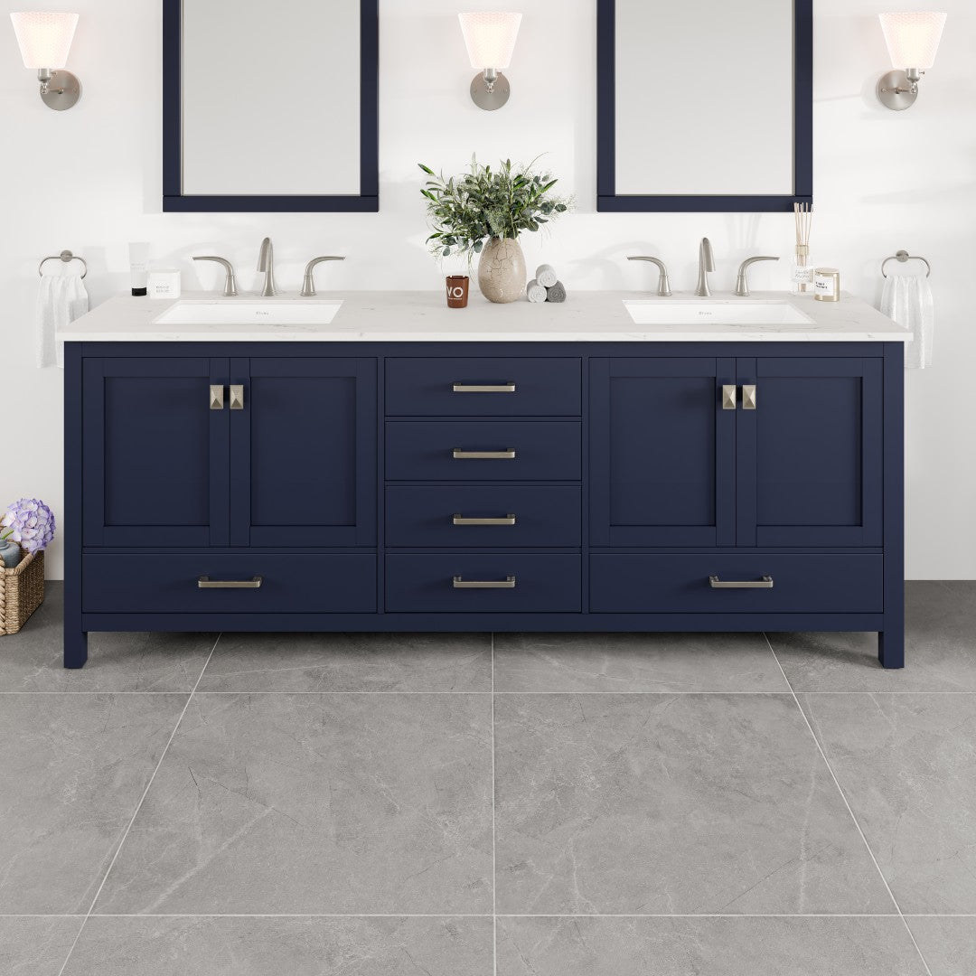 Aberdeen 84 in. Blue Double Sink Bath Vanity with Carrara Quartz Top and Undermount Porcelain Sinks