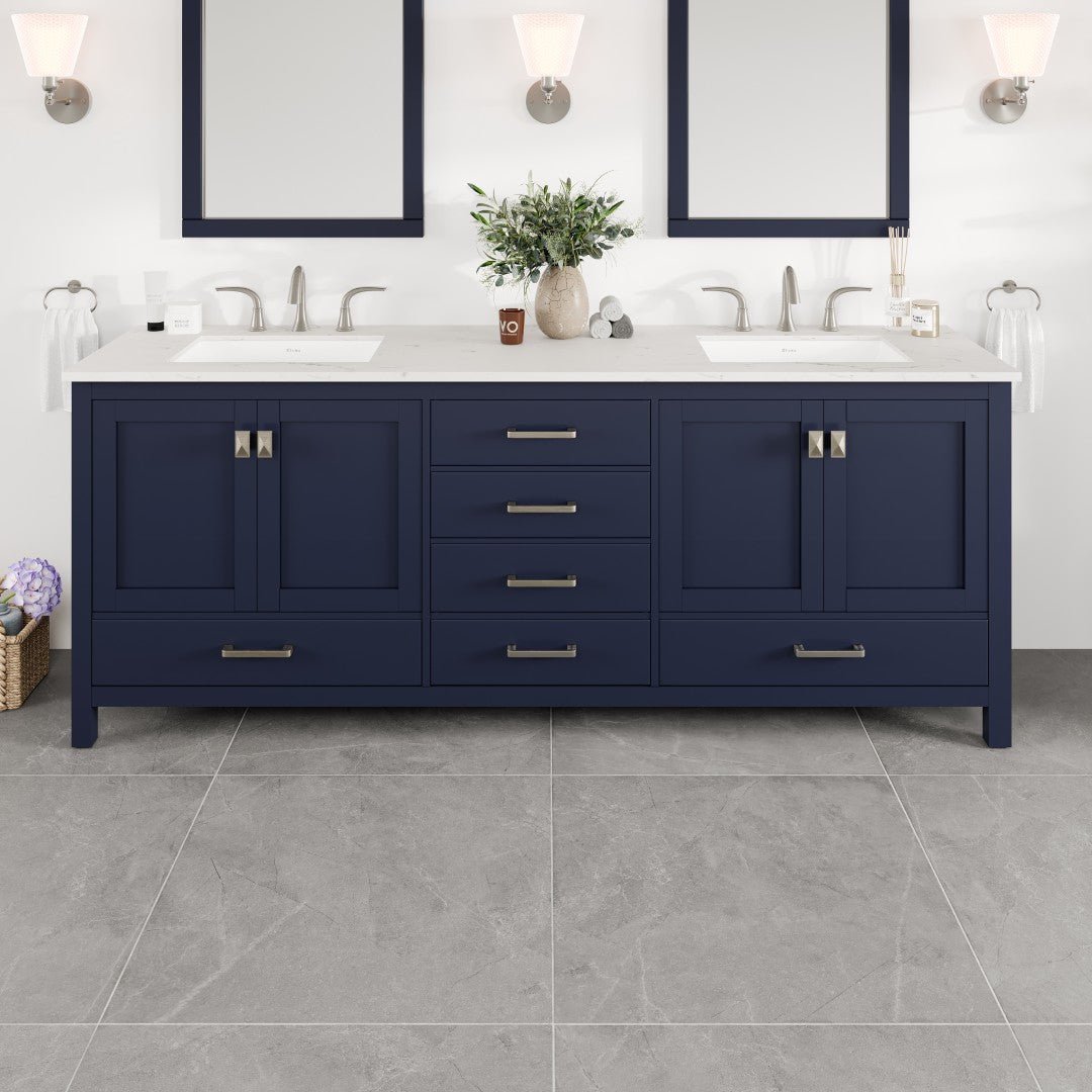 Aberdeen 84 in. Blue Double Sink Bath Vanity with Carrara Quartz Top and Undermount Porcelain Sinks - Bathroom Vanity by Eviva
