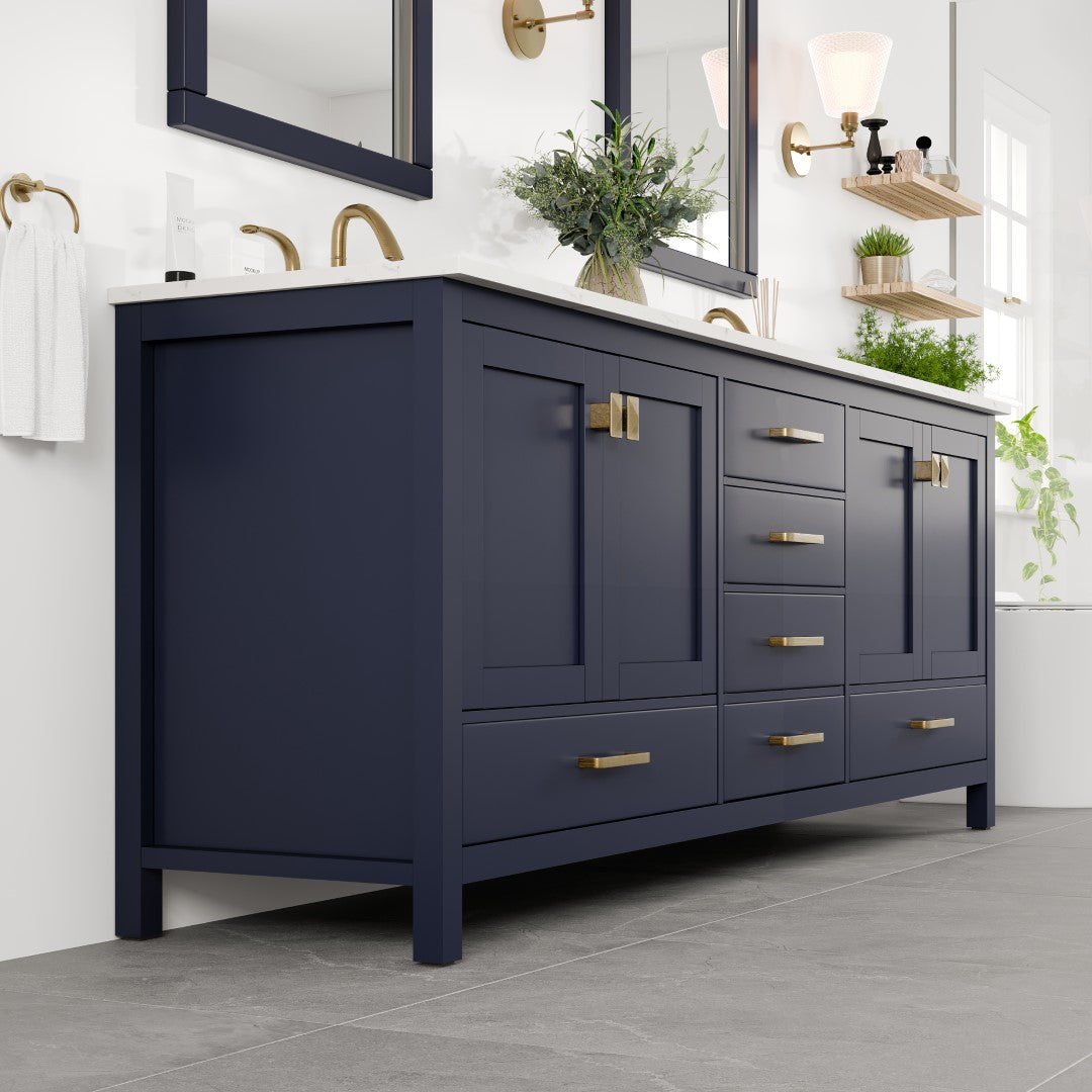 Aberdeen 84 in. Blue Double Sink Bath Vanity with Carrara Quartz Top and Undermount Porcelain Sinks
