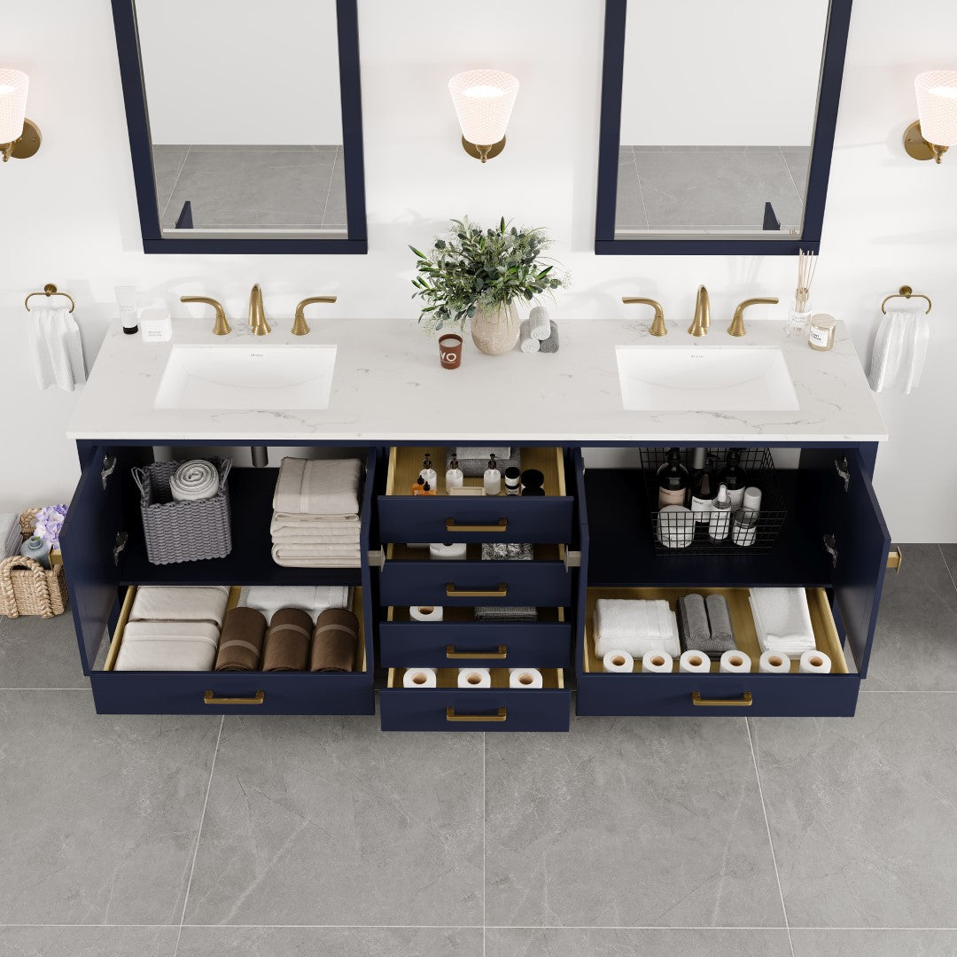 Aberdeen 84 in. Blue Double Sink Bath Vanity with Carrara Quartz Top and Undermount Porcelain Sinks